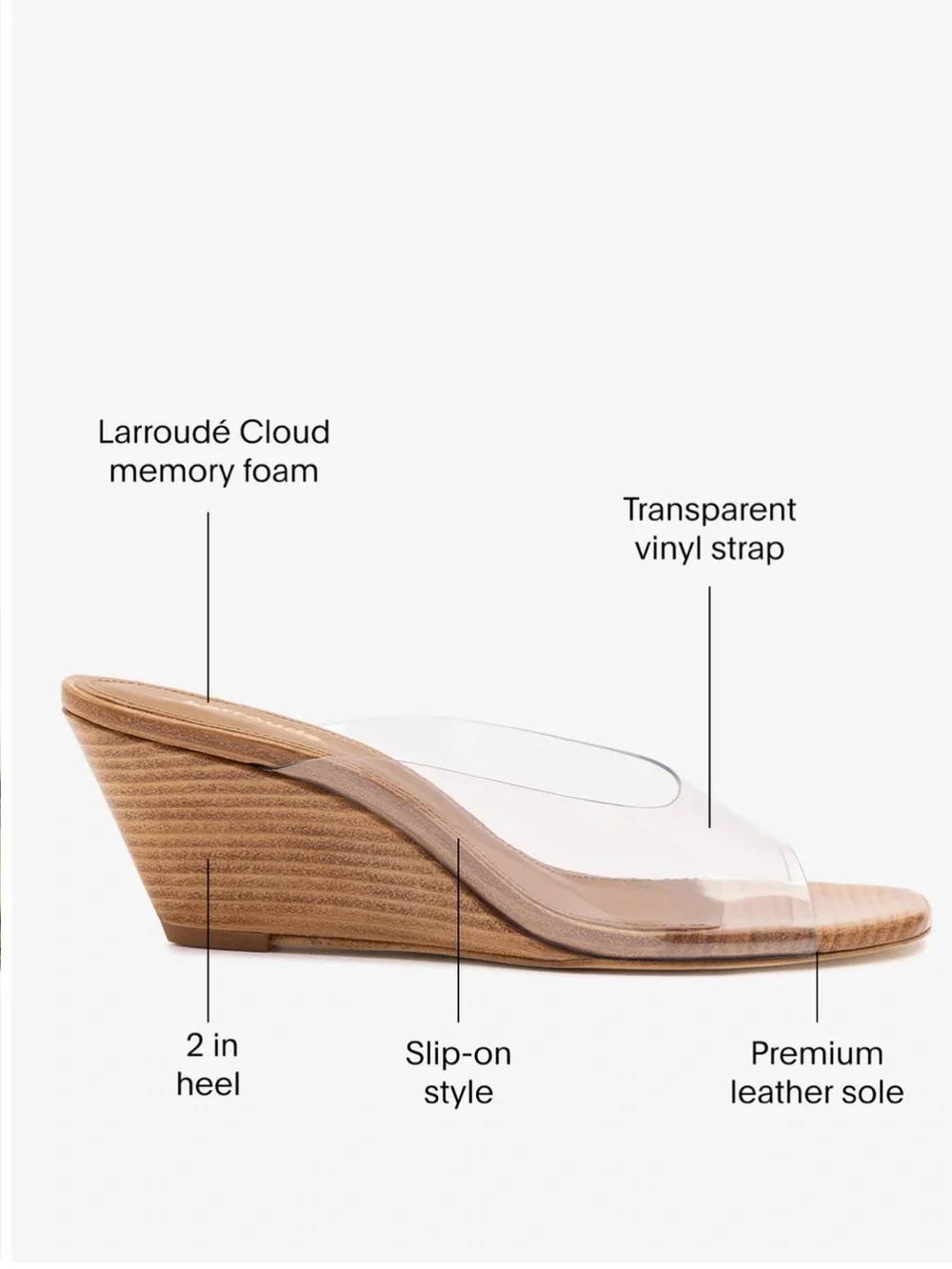 Larroude Clear Vinyl Wedge Mule with Tan Wood-Effect Heel